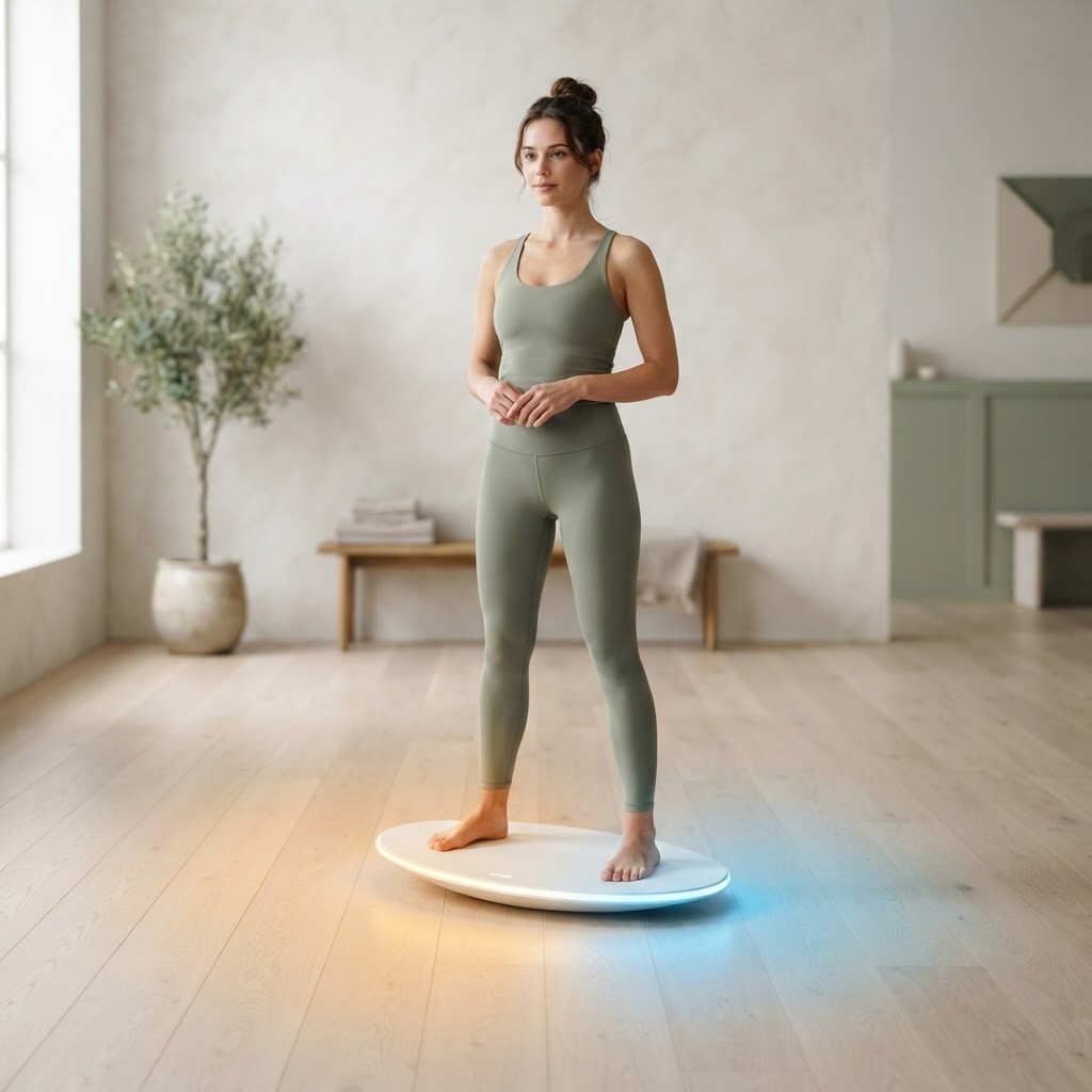A woman on a matte-white Kiwii Balance board with a glowing LED light-ribbon casting a warm-to-cool gradient on the floor